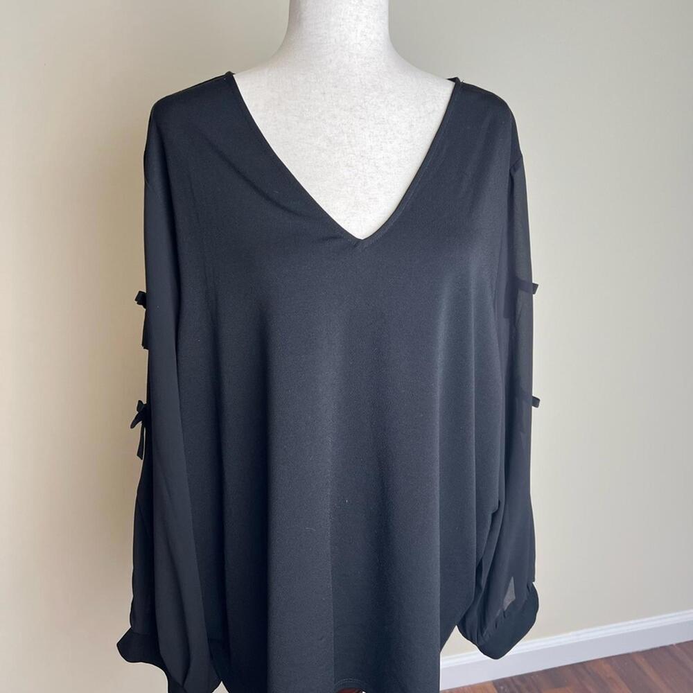 Adrianna Papell Black V-Neck Blouse Bow Sleeve Detail